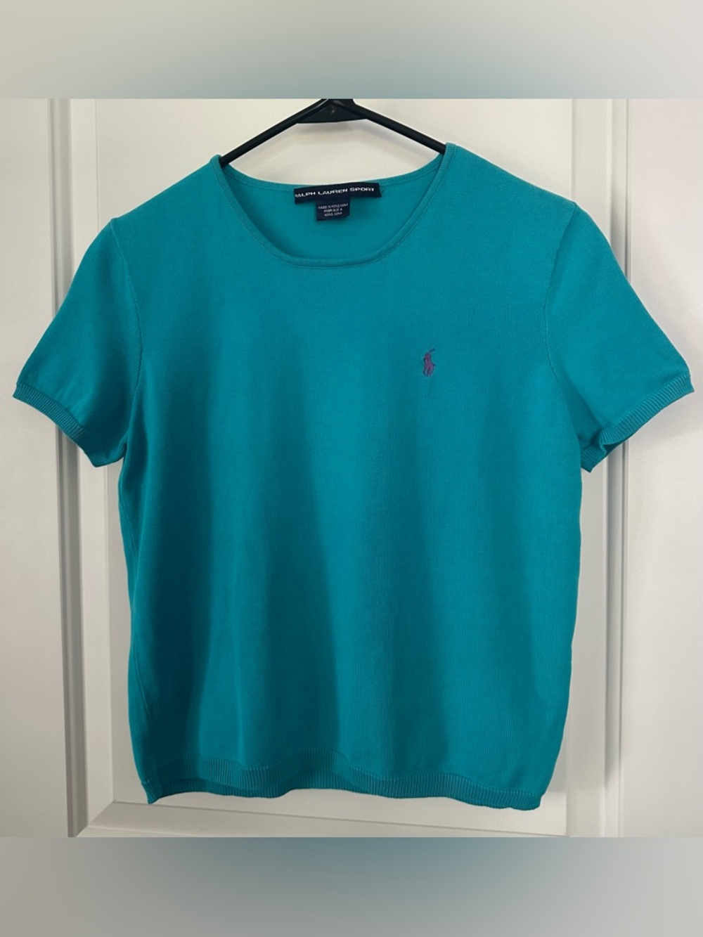 Ralph Lauren Sport Teal Cotton Knit Top | Short Sleeve Sweater Tee | Size L